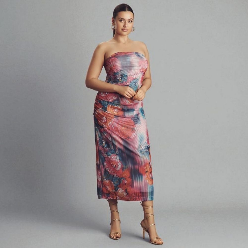 NWT Anthropologie The Soleil Slim Strapless Ruched Mesh Dress Midi Floral 3X